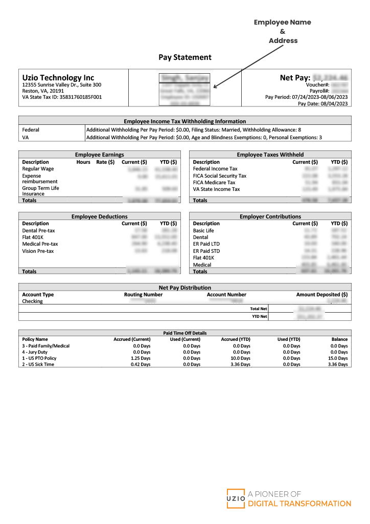 Image of a Pay Stub from UZIO Technology Inc.