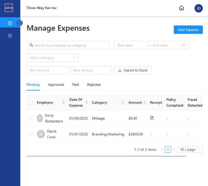 UZIO Expense Management Dashboard